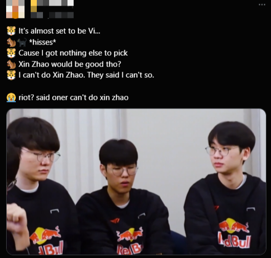 Oner revealed that he was going to choose Xin Zhao, but Riot had to be transferred to Vi Vi