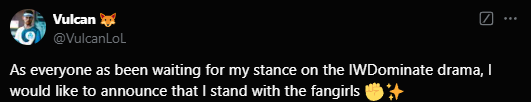 Vulcan changed to a fox and declared on the side of Fangirl