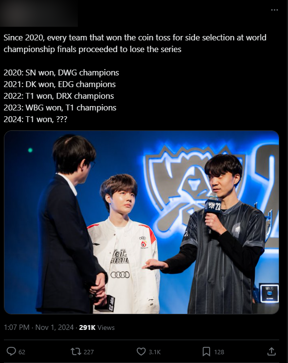 From Worlds 2020, before the final of Worlds 2024, the team that won the coin was defeated