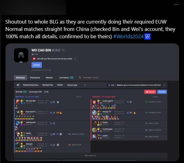 Previously, before moving to Europe to attend Worlds 2024, BLG asked Riot to update all parameters from the Normal Match of the players' accounts in the central server to avoid falling into poor quality lobbys.