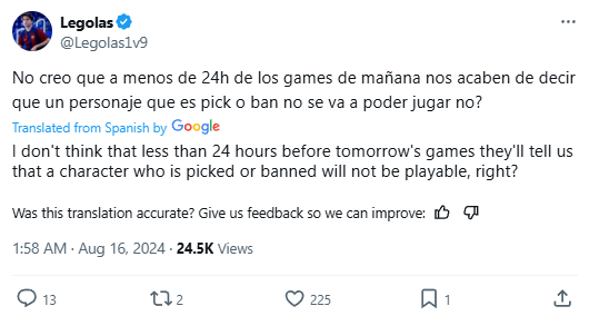The Legolas player complained that the only notified of less than 24 hours before the game started to make it difficult for the teams.