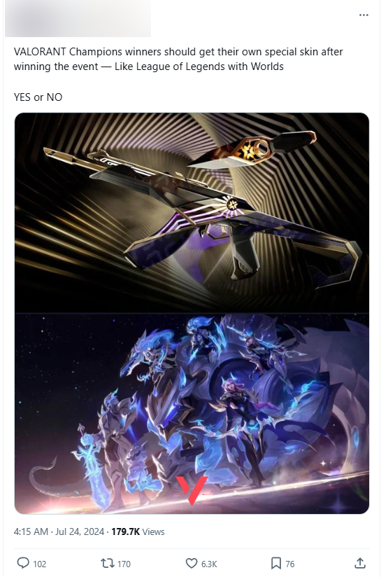 There is an opinion that the player won the Valorant Champions championship should also have a skin honoring like the World Championship team of League of Legends