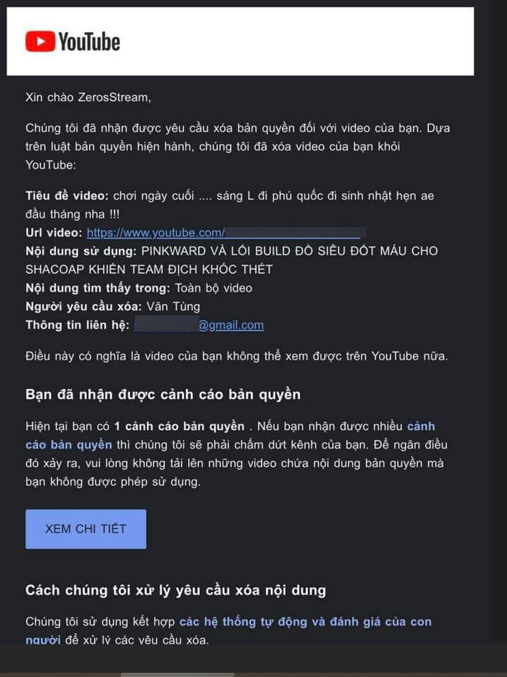 The first version of the YouTube mail announced the Zeros channel infringing copyright