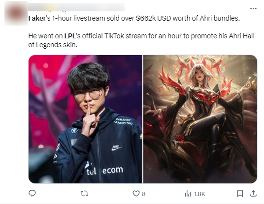 Faker livestream 1 hour and sell more than $ 662k for AHRI Hol collection when using Tiktok channel of China (Douyin)