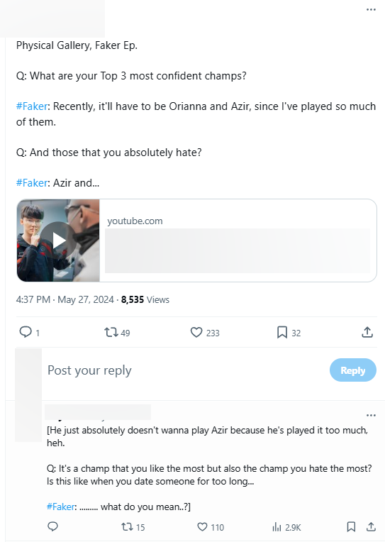 Faker shared the two generals he was most confident, Azir and Orianna, but he was also very bored when he had to play azir too much