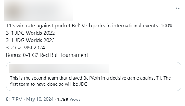T1 won 100% when confronted with Bel'veth in the international arena: 2 matches before JDG and 1 match against G2. And G2 is also the second team to dare to bring Bel'veth into the decided game to meet T1. The first team to do that is of course JDG