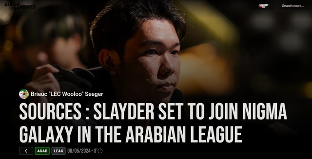 It is reported that Slayder will join Nigma Male Nigma Male of League of Legends.