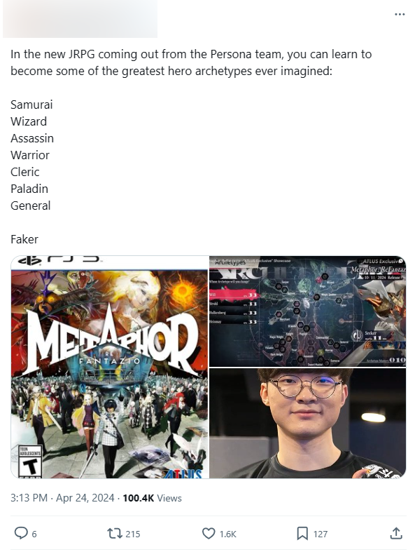 The audience discovered the name Faker appeared in a JRPG game called Metaphor