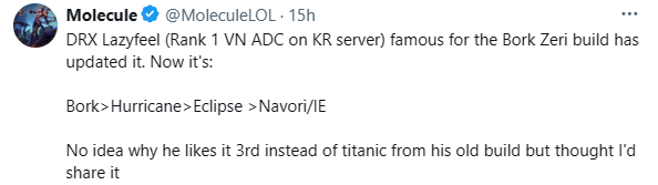Molecule: "Drx Lazyfeel (Vietnamese who achieved the top 1 Korean rank) is famous for the anonymous Zeri play has a new update: Now it's an anonymous sword - crazy - Nguyet Dao - Infinity/Navori. I also don't know why he likes to make that dish for making 3 instead of the ax, but I think I want to share the way to this map"