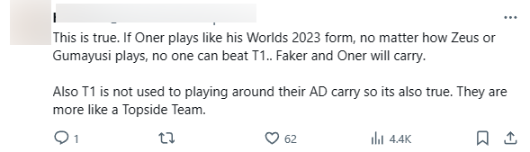 "This is accurate. If Oner plays like when Worlds 2023, no matter how Zeus and Gumayusi need to hit, no one can lower T1. Faker and Oner will "Team burden". And T1 does not often play around their gunner. They are like one "Team-Team-on" than".