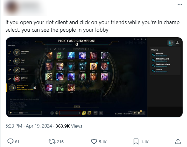 A player found a way to show the name of his teammate in Lobby in the champion's section thanks to Riot's client