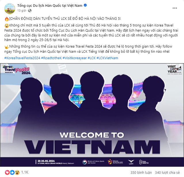Then the fanpage has a blue tick of the Korean Tourism Department in Vietnam announcing that there will be other players coming to Vietnam and the location is in Hanoi