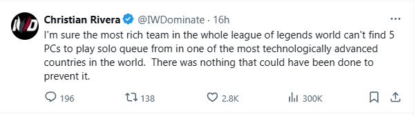 "I am sure that the richest team in the League of Legends world cannot find 5 computers to play solo queue from one of the most advanced technology countries in the world. Nothing can do to prevent that"