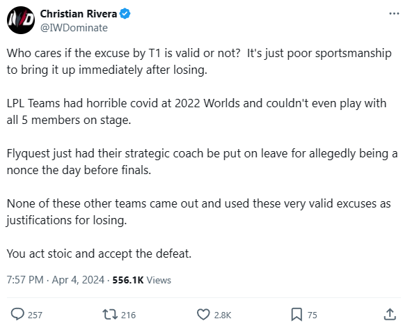 Male streamer and former Iwdominate player criticized T1 and said that Faker was just justifying the failure while the other teams did not do so.