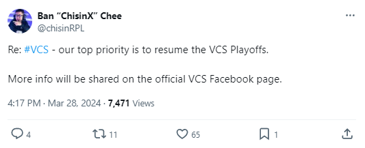 Mr. Ban "Chisinx" Chee: "Our top goal is to restart VCS playoffs. Details will be posted on the official fanpage of VCS"