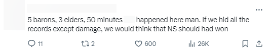 "5 Baron, 3 thousand -year -old dragons, 50 minutes, what is happening? If we cover the parameters except for damage, I probably thought NS had to win"