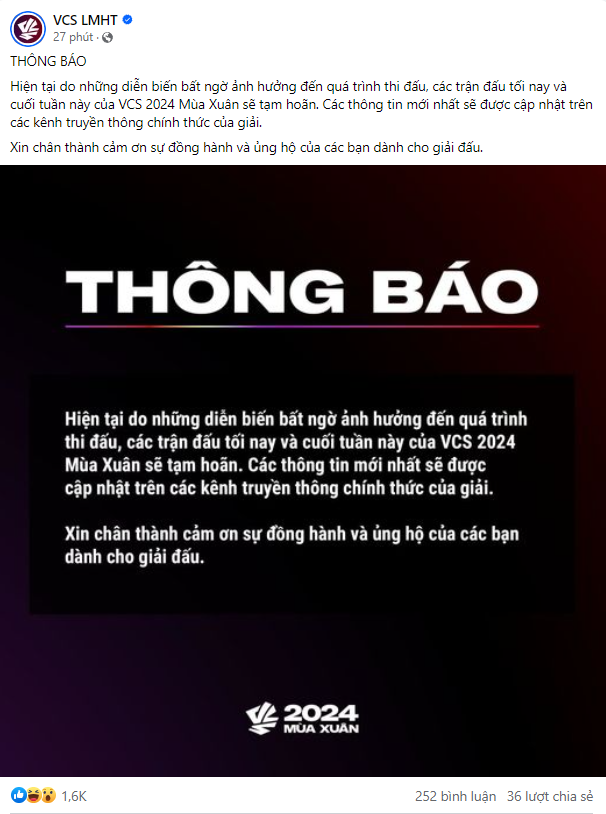 But recently the VCS BTC has announced the problem of postponing all the remaining matches of the final week of the group stage