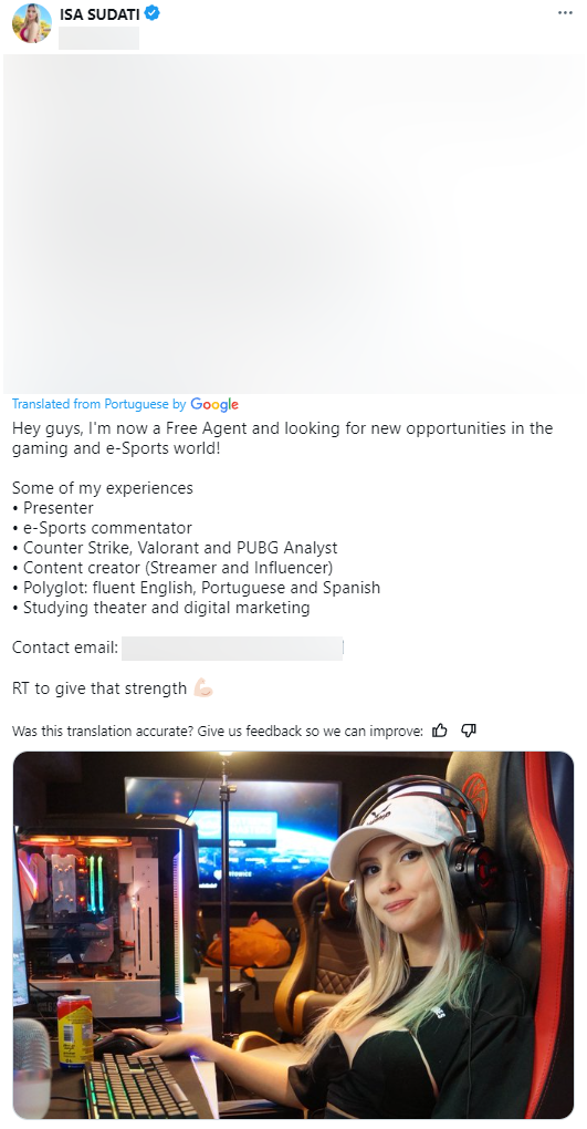 In the post on Twitter, she introduced herself as a brand representative face, BLV Esports, analysts in CS: GO, Valorant, PUBG, Content Creation, Fluent Foreign Language and Learning about the stage as well as Digital Marketing