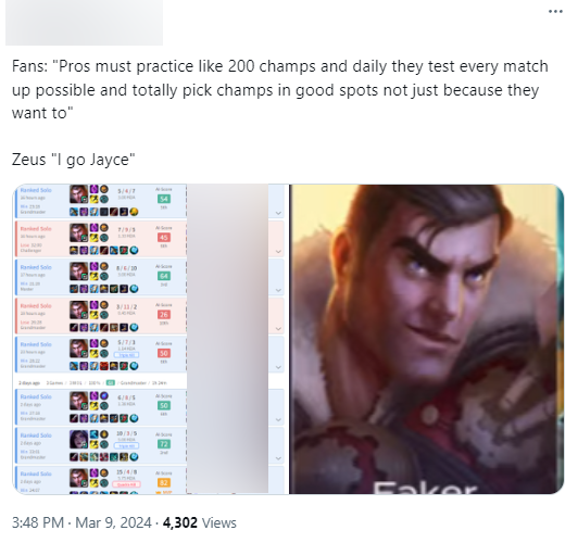 "Fans are like "The player must practice hundreds of generals every day and test in every match, choose the appropriate general, not the general they like" And zeus "I chose Jayce""