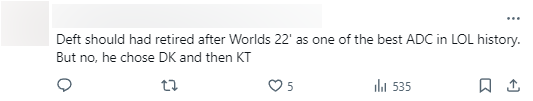 Deft should have retired after Worlds 2022 as one of the best gunner in history. But no, he chose DK and then KT