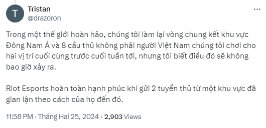 In a perfect world, we will reorganize the final of Southeast Asia and 8 players who are not Vietnamese will compete for the last two capacity before next week, but I know that will never happen. Riot Esports is completely satisfied with sending 2 players from a cheated area to get there