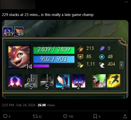 Gumayusi accumulated 229 internal stacks after only 23 minutes