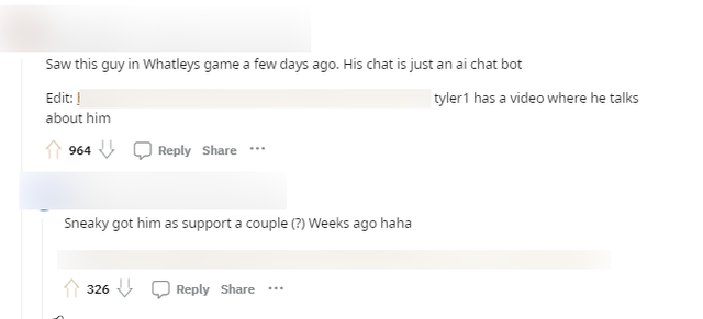 Many people say famous streamers like Whatleys, Sneaky or Tyler1 have also met this person and it seems that this person uses AI from the beginning to the end, including communication on the stream channel.