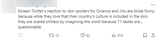 "Twitter of Korean fans is booming because Faker reveals Skin Orianna and Jinx will be interesting because they love the cultural element of the homeland in costumes. After that, they are afraid to imagine how bad that outfit will be because of the strange taste of T1"