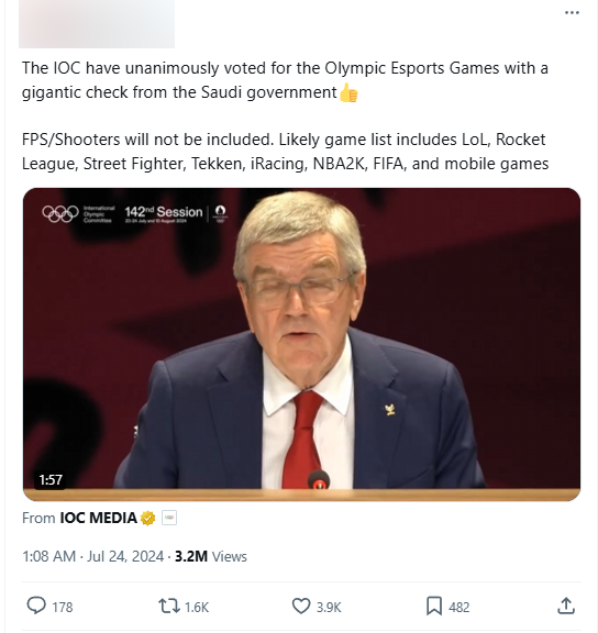 The International Olympic Committee (IOC) has simultaneously organized the Esports Olympics with huge funding from the Saudi Government. Shooting games (FPS) will not be included. The list of expected games includes League of Legends, Rocket League, Street Fighter, Tekken, Iracing, NBA 2K, FIFA and mobile games.
