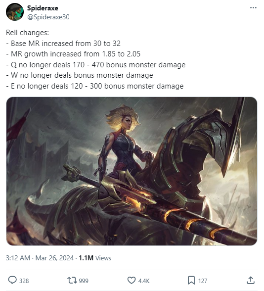 Spideraxe of LOL Fandom site revealed that Riot will eliminate the additional damage of the three skills of Rell and only increase the permission for this champion.