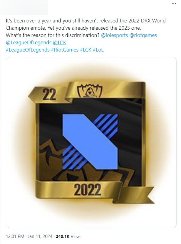 A DRX fan discovered that Riot has not brought Emotes to win the 2022 Worlds Championship for Drx as usual