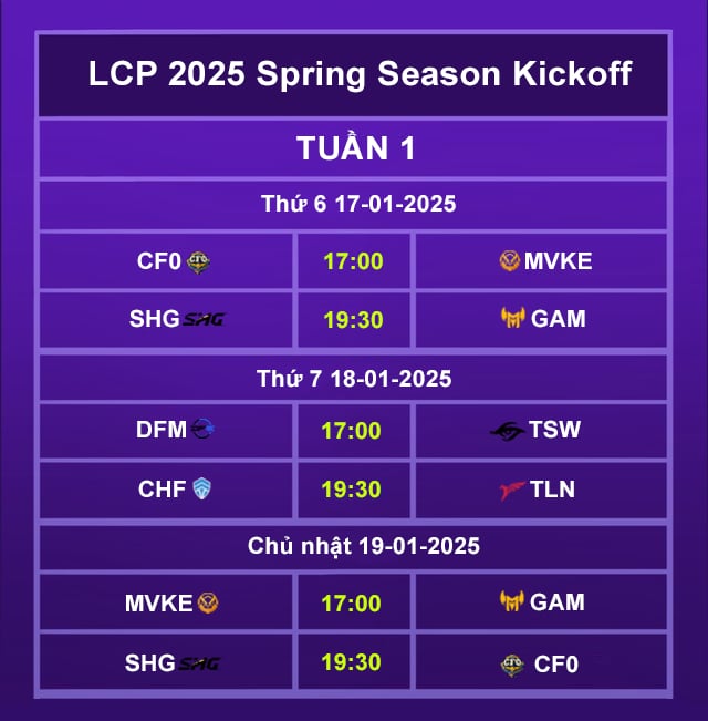 LCP 2025 Season Kickoff schedule: GAM and MVKE CLCK TOLY 