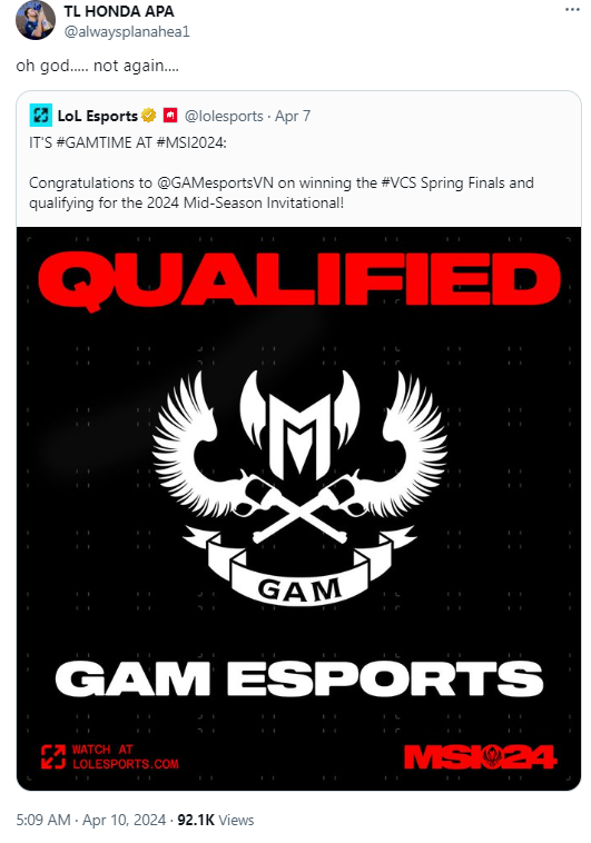 The APA player of Team Liquid shows the bewilderment after the news of the MSI 2024