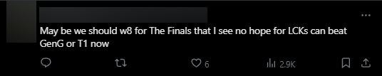 The audience said: "Perhaps we should wait for the final, but I feel no hope that LCK has defeated gene.g or t1 now"
