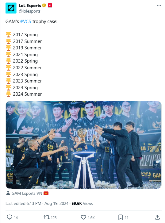 Riot also honored GAM with 8 championships only from 2019 until now - achievements that even the top teams have not done