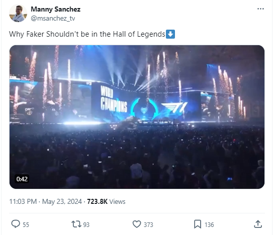 A post by Manny Sanchez - the manufacturer who won the LCS Emmys prize to his conception about whether Faker should appear in Hol or not?