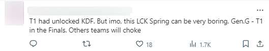 "T1 has unlocked KDF. But in my opinion, the spring LCK will be very boring. Gen.G - T1 in the final. Other teams are unstable"