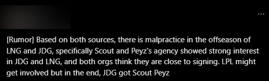 Based on sources, there is fraud in the break between the season between LNG and JDG. Specifically, the representative company of Scout and Peyz showed interest in both JDG and LNG. And both sides thought they were about to sign with these players. LPL may be at the end, but in the end, JDG got Scout - Peyz