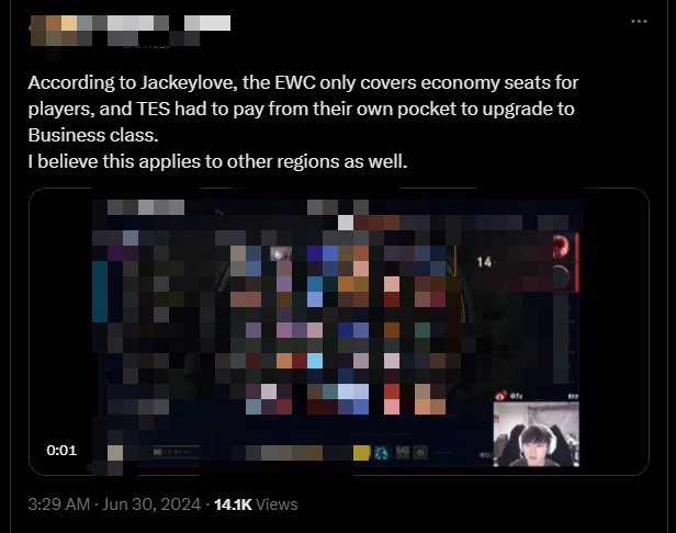 Jackkeylove spoke out Tes to only be granted ordinary flight tickets and had to spend money to raise merchants. He also said that other teams also have the same situation