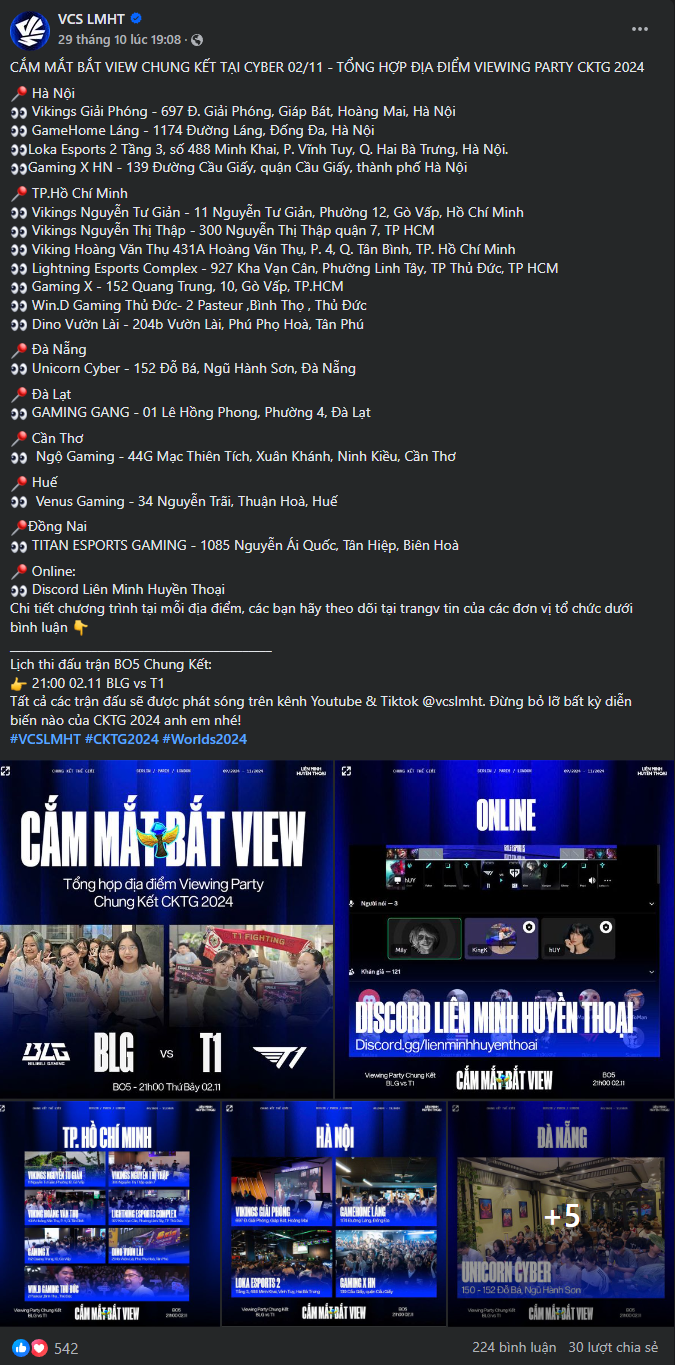The official page of VCS summarizes viewing party venues