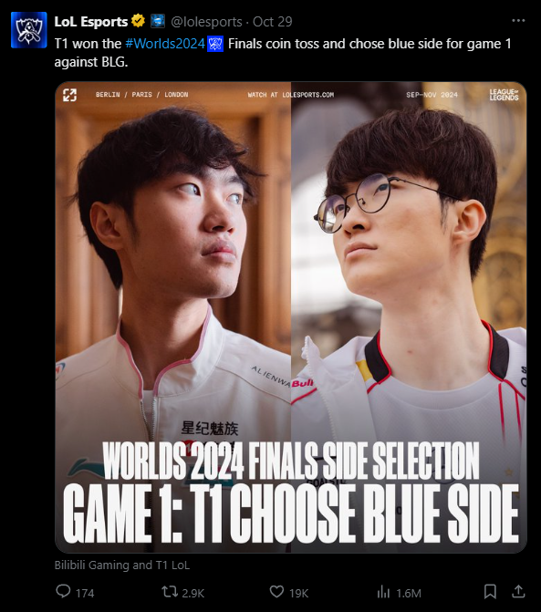 T1 won in a coin launch for game 1 finals of Worlds 2024