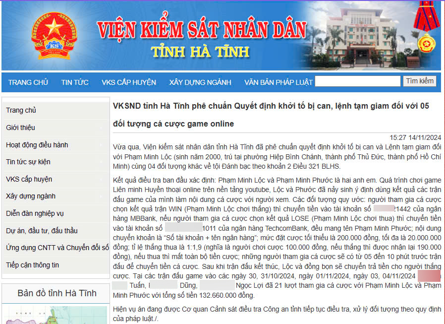 Notice of the Procuracy of Ha Tinh Province on the case of Pham "Zeros" Minh Loc
