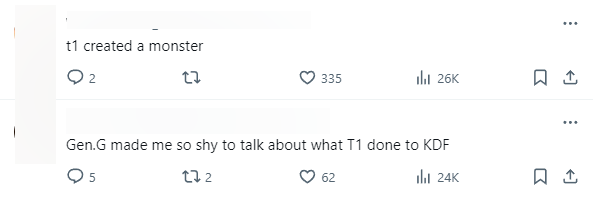 Gen.g audience comments: "T1 has created a monster", "Gen.G makes me feel ashamed of what T1 has done with KDF"