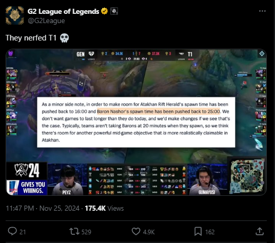 G2 also stated that Riot reduces the power T1