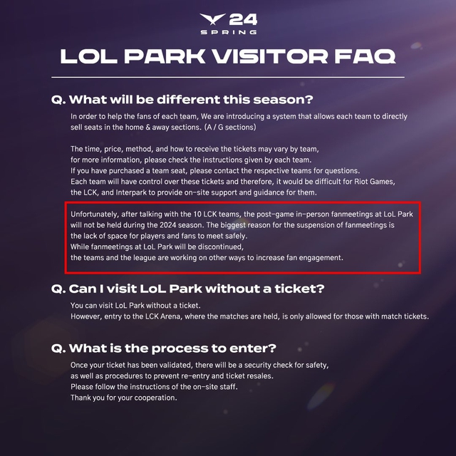The Ruler also condemns LCK not to organize fan meeting in every match anymore, even though this is a feature of LCK with the reason that BTC is not guaranteed for safety for the player.