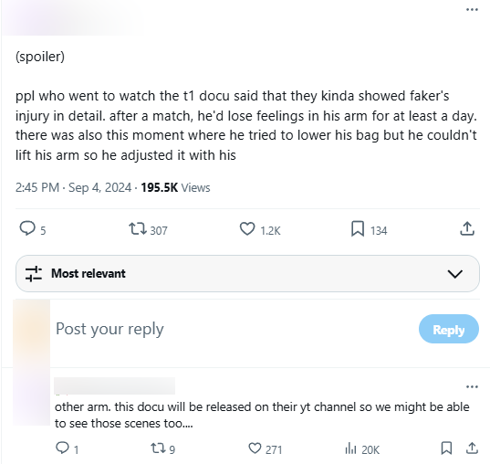"Those who have seen the documentary about T1 say they are really surprised about Faker's injury information. After 1 match, he lost the feeling on one hand at least 1 day. At the moment he finished the match, he tried to bring his backpack but could not lift his arm up, so Faker had to use his other hand to support. This documentary will be shown on T1's YouTube channel so that everyone has a more panoramic view"
