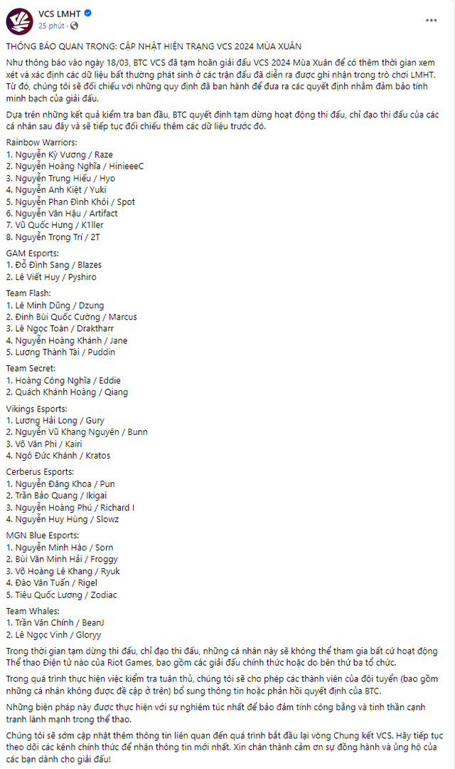 The notice of the VCS BTC on the list of 32 players continues to be investigated additional between negative suspects