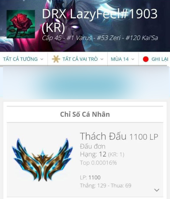 Lazyfeel reached the top 1 Korean challenge and was the first Vietnamese player to make this achievement